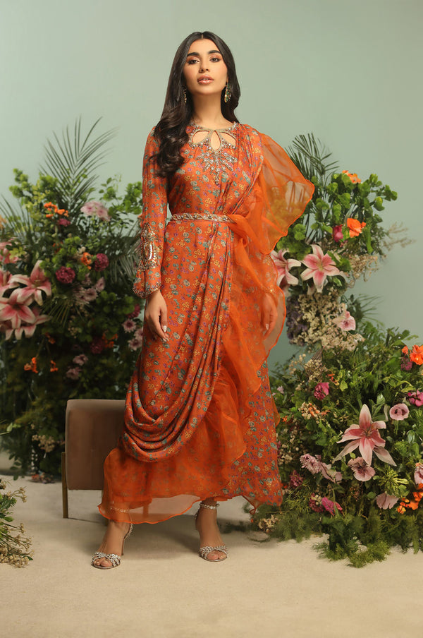 ORANGE BROWN DRAPE DRESS