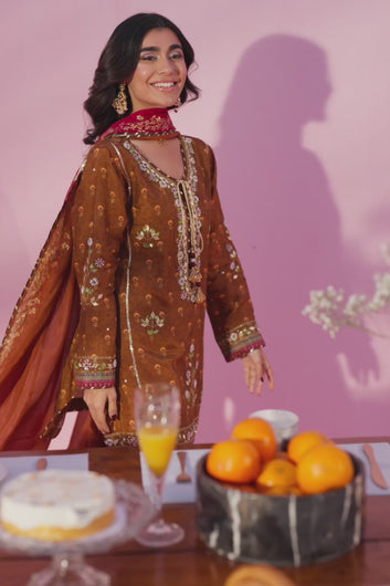 Video showcasing Alyra printed raw silk short shirt with mirror handwork and floral embellishment, paired with seesha silk shalwar and vibrant embellished dupatta.
